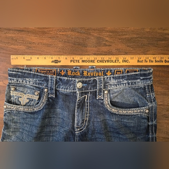 Rock Revival Casey Straight Leg Jeans Embroidered Mens 36x32 Thick Stitch - Picture 7 of 7